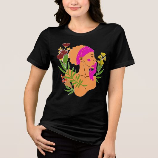 優雅な花と女性のシルエット トライブレンドTシャツ (正面)