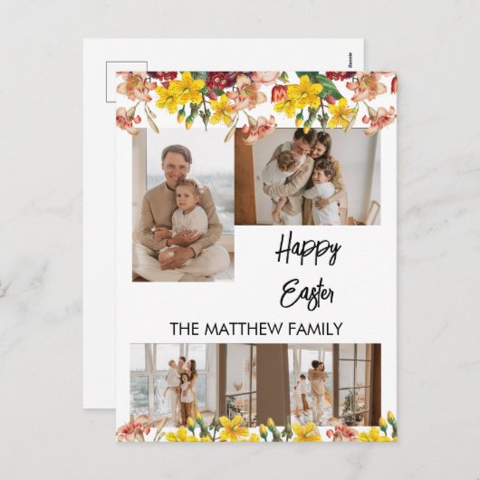 優雅な花のイースター、家族4人の写真コラージュ シーズンポストカード (正面/裏面)