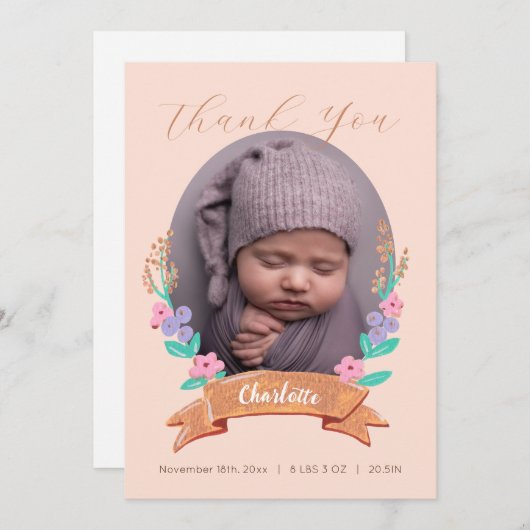 優雅な花のフローラリースベビー写真 サンキューカード (正面/裏面)