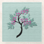 優雅な花の木の緑+梅 ガラスコースター (正面)