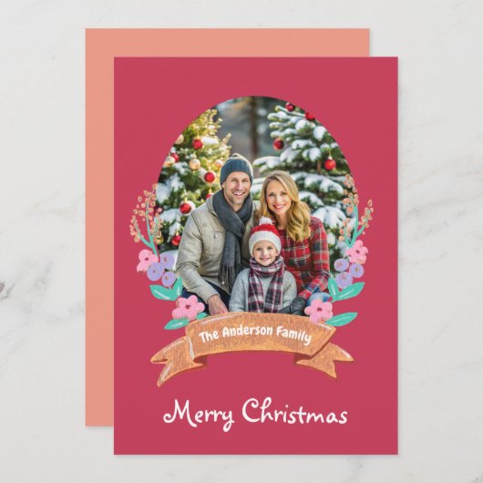 優雅な花フローラリースクリスマス赤い写真 シーズンカード (正面/裏面)