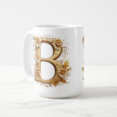 優雅な花柄のゴールドのアルファベットB コーヒーマグカップ (正面左)