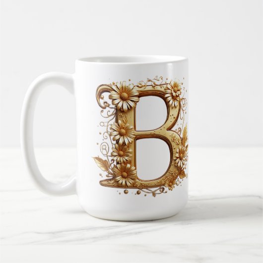 優雅な花柄のゴールドのアルファベットB コーヒーマグカップ (左)