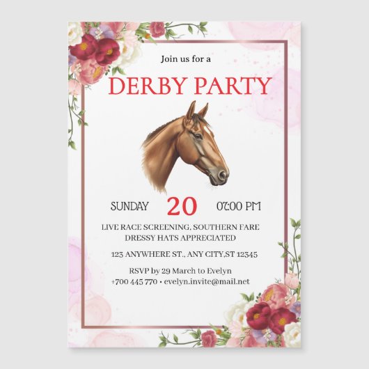 優雅な花柄の競馬ダービーパーティー招待状 (正面)