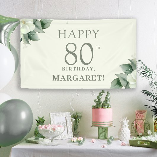 優雅な花柄の80歳の誕生日パーティー 横断幕