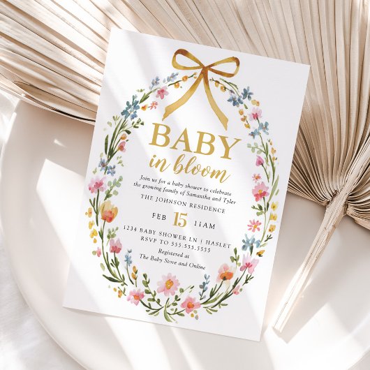 優雅な花輪のベビーシャワー「Baby In Bloom」 招待状