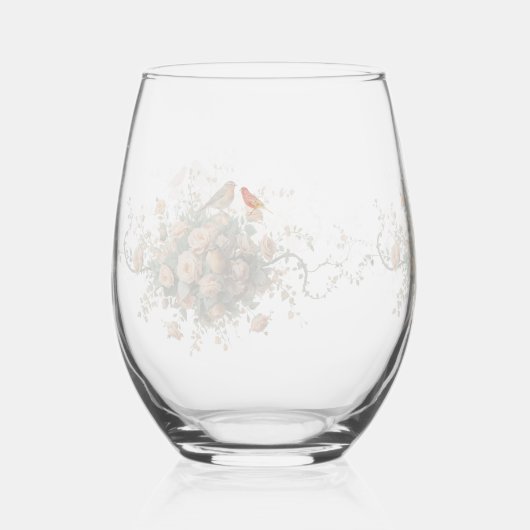 優雅な花鳥の水彩画  ステムなしワイングラス (正面)