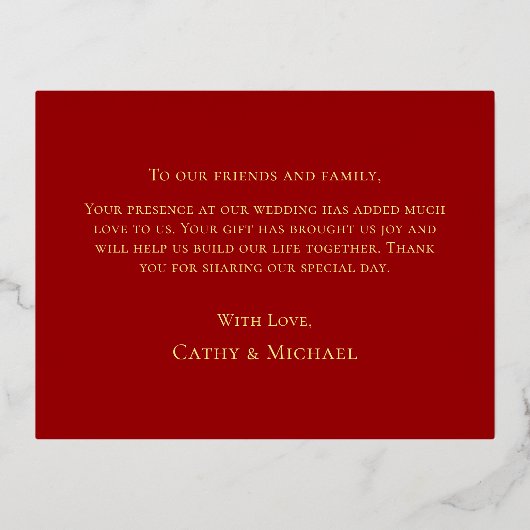 優雅な赤金の花模様の中国風結婚式のお礼状 箔招待状ポストカード (裏面)