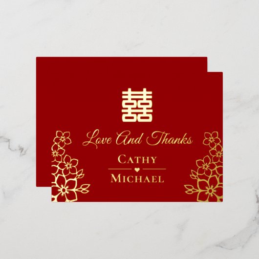 優雅な赤金の花模様の中国風結婚式のお礼状 箔招待状ポストカード (正面/裏面)