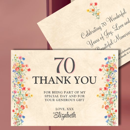 優雅な野の花を使った70歳の誕生日感謝のデザイン サンキューカード
