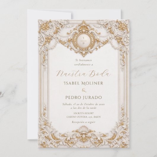 優雅な金と白のバロックスタイル結婚式Nuestra+Boda 招待状 (正面)