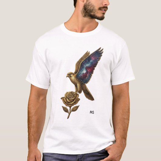 優雅な金の鳥とバラのアートTシャツ Tシャツ (正面)