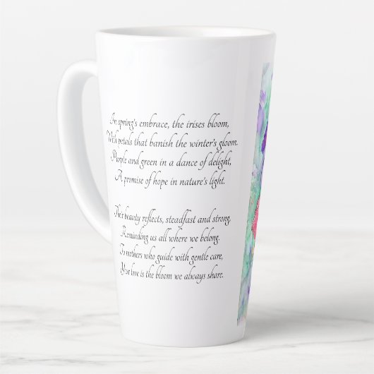 優雅な開花 – アイリスの花母の日の詩 カフェラテマグ (左アングル)