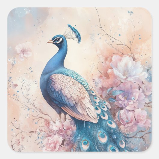 優雅な青いクジャクの花の枝のポーズ スクエアシール (正面)
