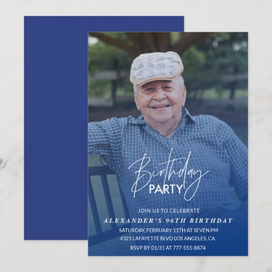 優雅な青い影の写真 男性の96歳の誕生日パーティー 招待状 (正面/裏面)