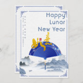 優雅な青色のチャイナ風扇形の風景画　月と新年 シーズンカード (正面/裏面)