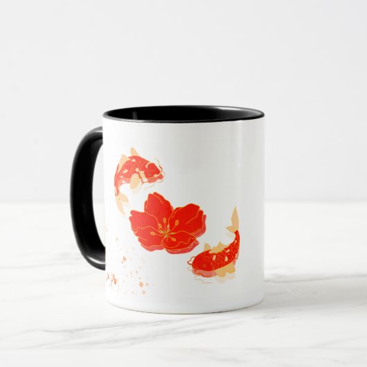 優雅な鯉と赤い花の芸術 | 日本風ステ マグカップ (正面左)