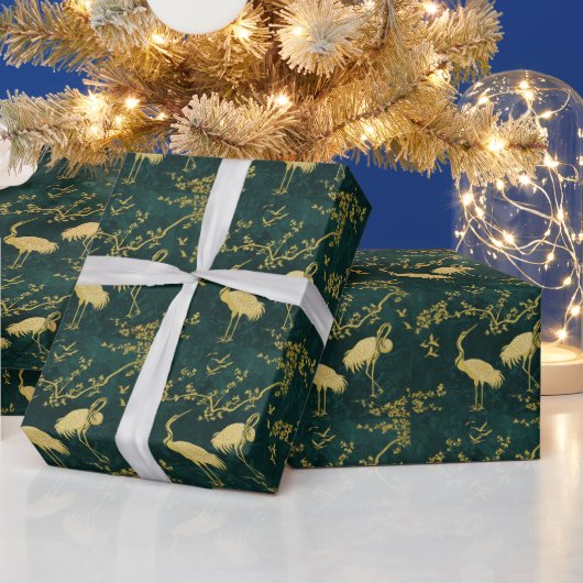 優雅な鶴のアート柄 | カラフルな鶴の鳥 ラッピングペーパー (クリスマス)