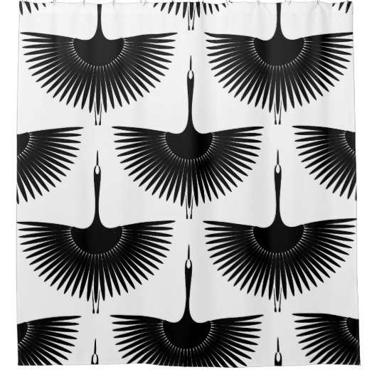 優雅な鶴:オリエンタルバードパターン シャワーカーテン (正面)