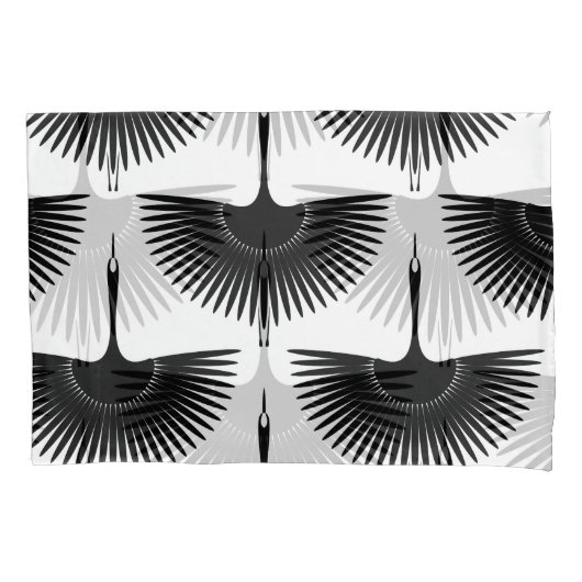 優雅な鶴：オリエンタルバードパターン 枕カバー (正面)