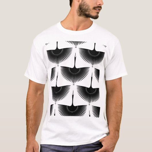 優雅な鶴：オリエンタルバードパターン Tシャツ (正面)