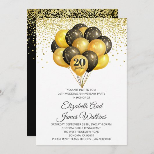 優雅な20周年 ゴールド ブラック 結婚記念日招待状 招待状 (正面/裏面)