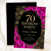 優雅な70歳の誕生日 フクシアピンク ブラック ゴールド 招待状