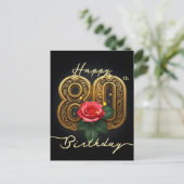 優雅な80歳の誕生日 ゴールドの花 ピンクのバラ ポストカード (スタンド正面)