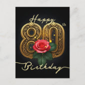 優雅な80歳の誕生日 ゴールドの花 ピンクのバラ ポストカード (正面)