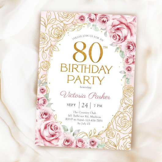 優雅な80歳の誕生日 ピンクゴールドの花 招待状