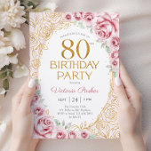 優雅な80歳の誕生日 ピンクゴールドの花 招待状