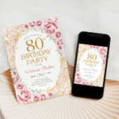 優雅な80歳の誕生日 ピンクゴールドの花 招待状