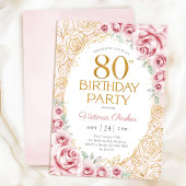 優雅な80歳の誕生日 ピンクゴールドの花 招待状