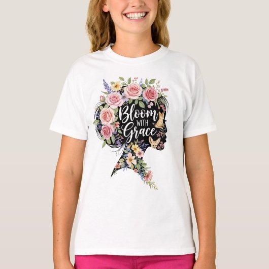 優雅に咲くエレガントな花のインスピレーションアート Tシャツ (正面)