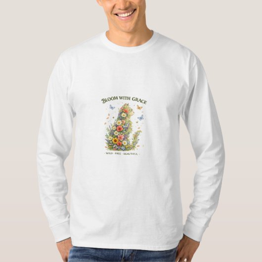 優雅に咲く花の猫Tシャツ｜ Tシャツ (正面)