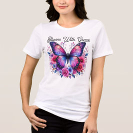 優雅に輝く蝶と花の女性用Tシャツ| トライブレンドTシャツ