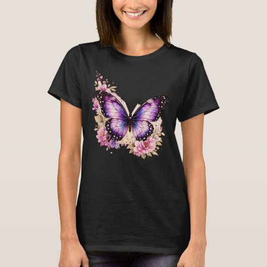 優雅に輝く蝶と花の女性用Tシャツ| Tシャツ (正面)