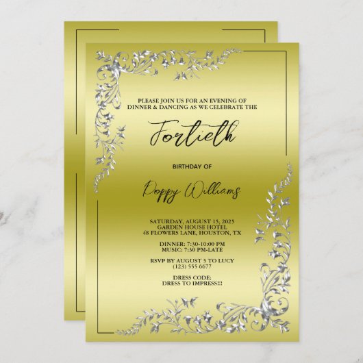 優雅スタイリッシュな銀飾り誕生日パーティー 招待状 (正面/裏面)