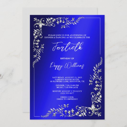 優雅スタイリッシュな銀飾り誕生日パーティー 招待状 (正面/裏面)