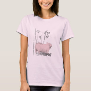 元のスケッチのブタおよびタケの女性のピンクのティー Tシャツ