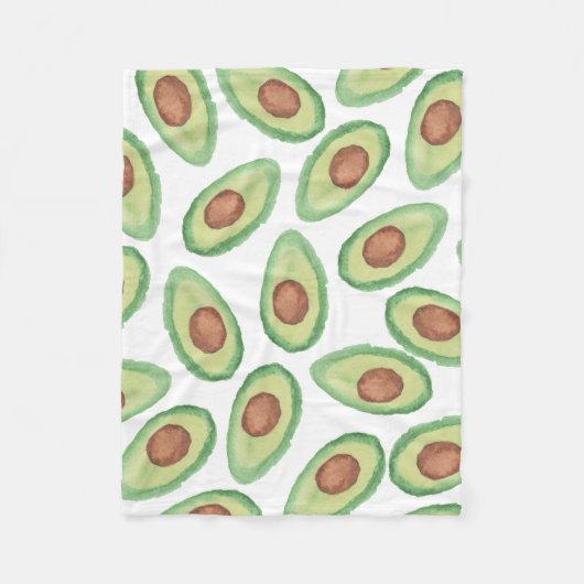 元の緑の茶色の水彩画のアボカドパターン フリースブランケット (正面)