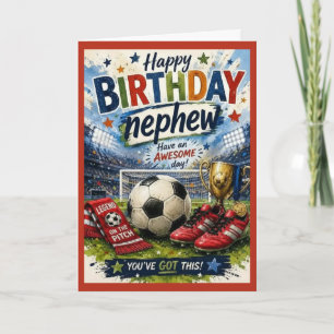 元気いっぱいのサッカー風赤い甥の誕生日カード カード