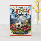 元気いっぱいのサッカー風赤い甥の誕生日カード カード (黄色い花)
