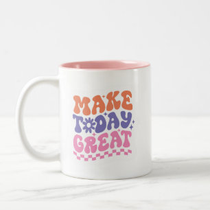 元気が出る70年代風デザイン MAKE TODAY GREAT かわいい ツートーンマグカップ