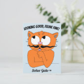 「元気そうね、ネコ素晴らし!」 かわいい口ひげの猫 ポストカード (スタンド正面)