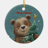 元気なくまのクリスマスツリー抱擁 セラミックオーナメント (正面)