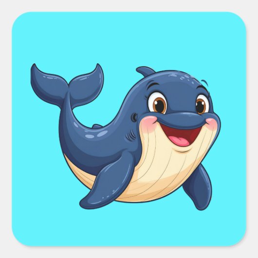 元気なキャラクターのクジラの泳ぎ スクエアシール (正面)