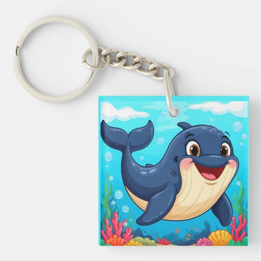 元気なキャラクターのクジラの泳ぐ姿 キーホルダー (正面)