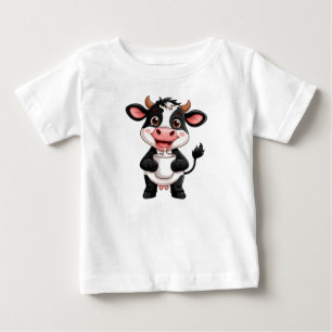 元気なキャラクターの牛がミルクを飲む ベビーTシャツ