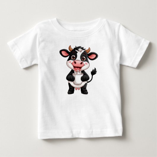 元気なキャラクターの牛がミルクを飲む ベビーTシャツ (正面)